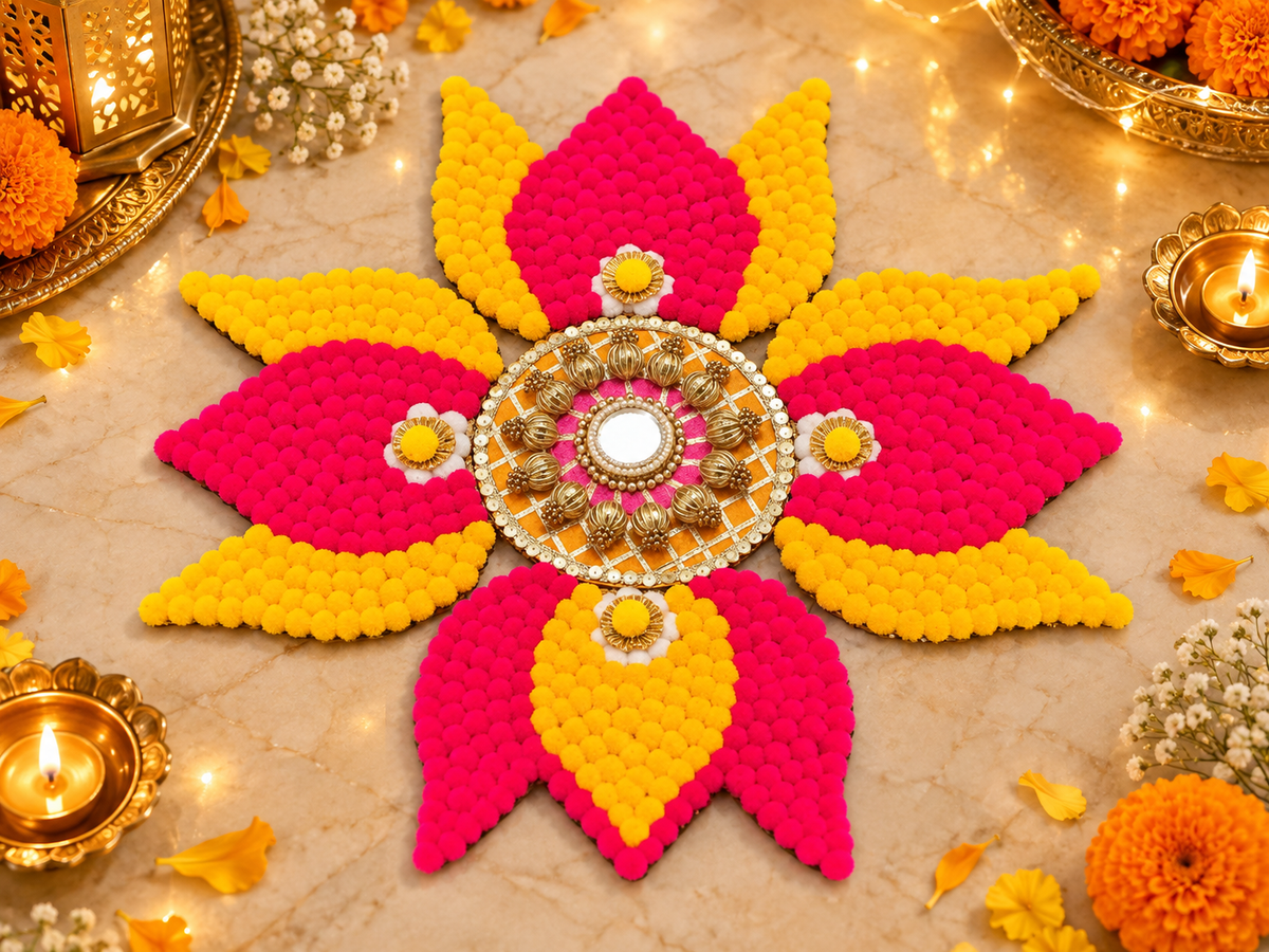 Pink & Marigold Pom-Pom Lotus Rangoli – 23 Inch