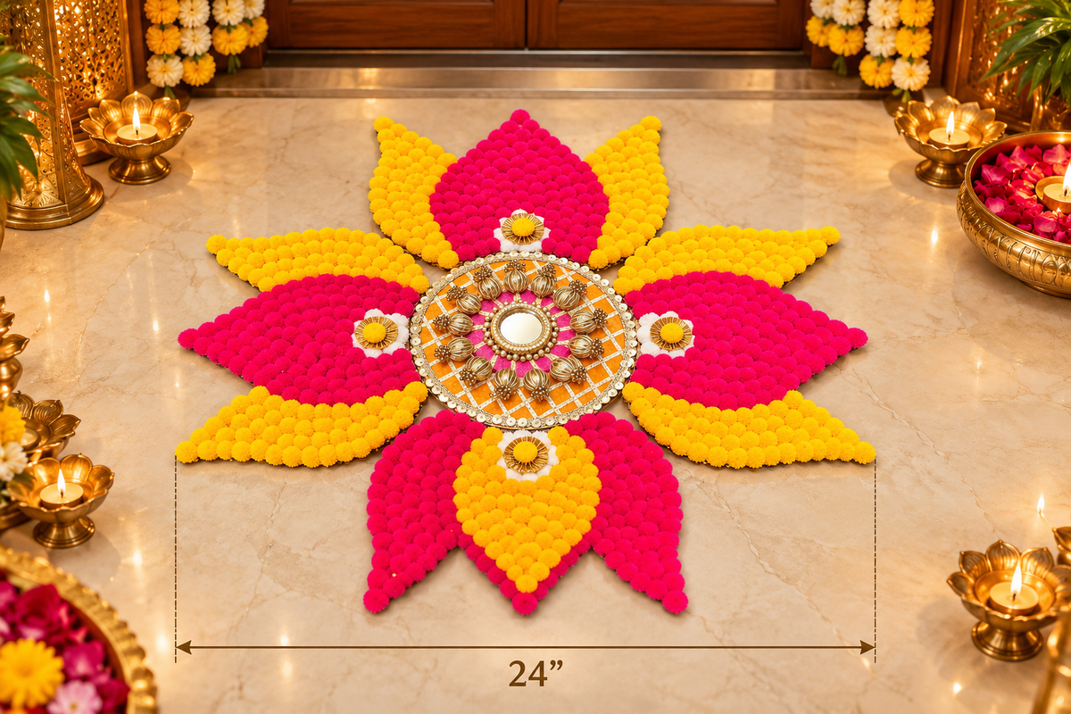 Pink & Marigold Pom-Pom Lotus Rangoli – 23 Inch