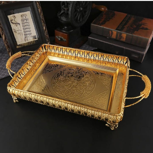Premium Gold-Plated Decorative Serving Tray with Intricate Carving – Rectangular
