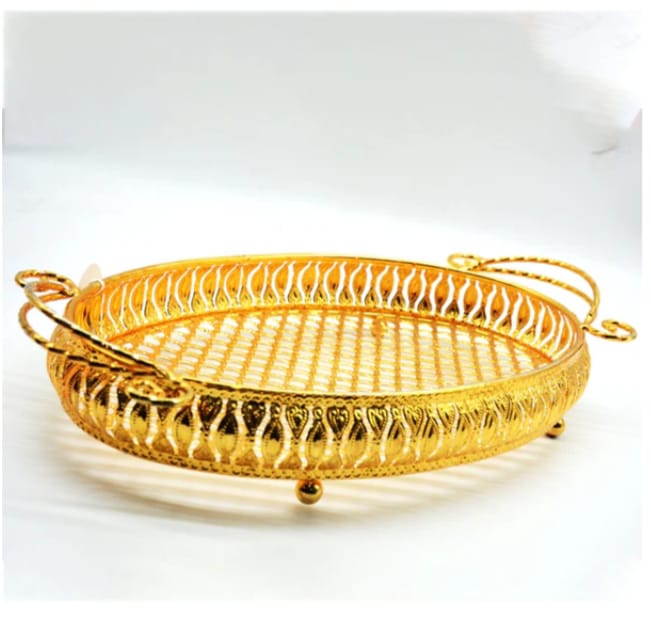 Round Gold-Plated Decorative Serving Tray with Handles