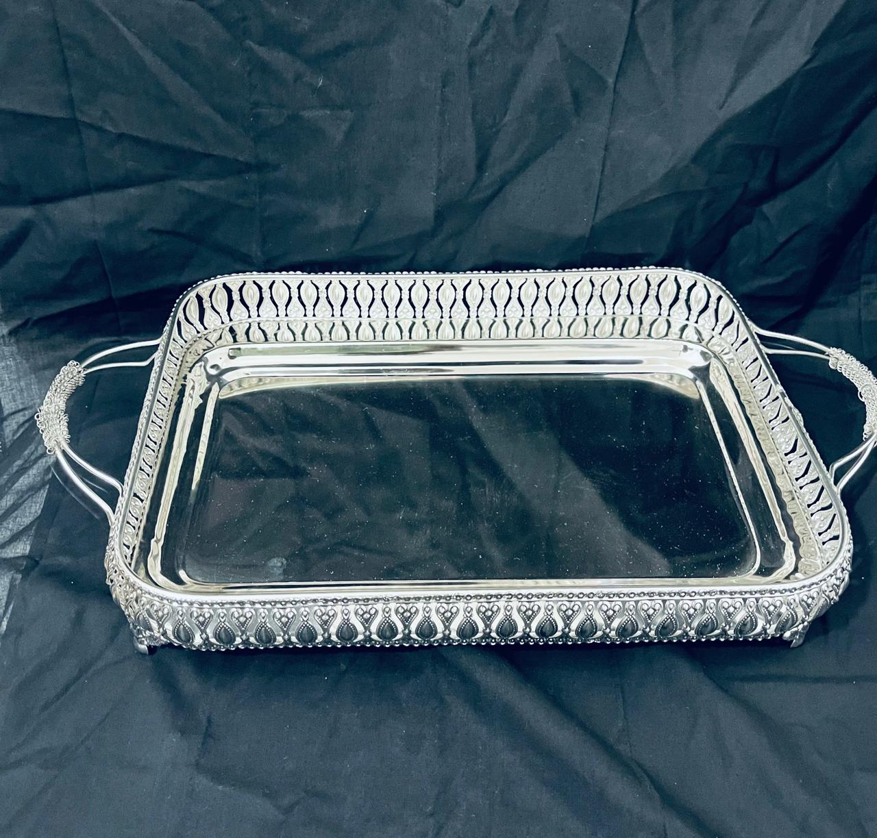 Premium Rectangular German Silver Serving Tray with Dual Handles