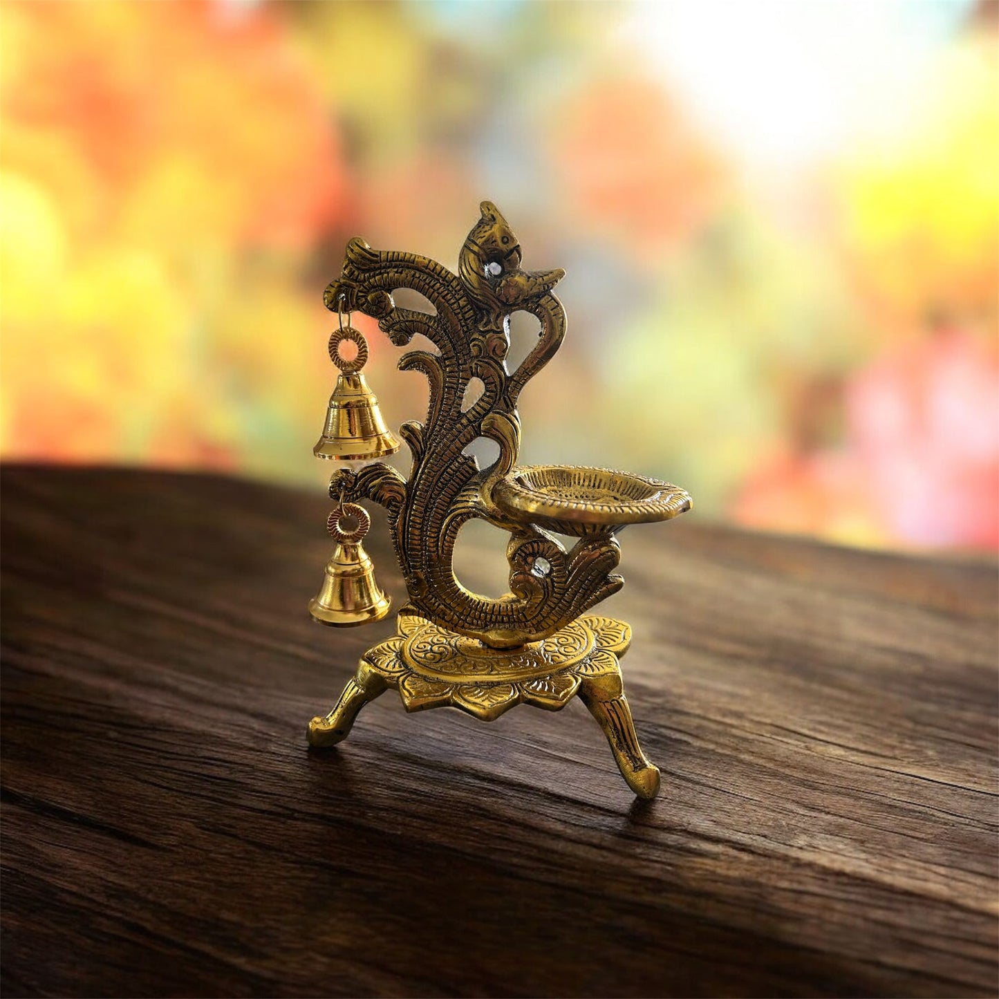 Peacock Brass Diya with Bells – Symbol of Grace and Divinity