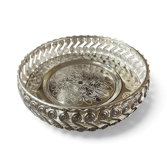 Elegant Silver-Plated Decorative Bowl | Intricate Carving & Designer Border