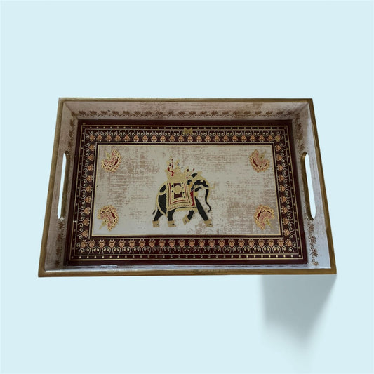 Royal Elephant Embossed Serving Tray – Premium Wooden Décor