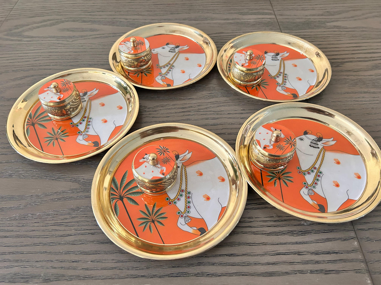 Brass Pichwai Pooja Plate & Kumkum Box Gift Set | Diwali | Housewarming | Indian Gifts