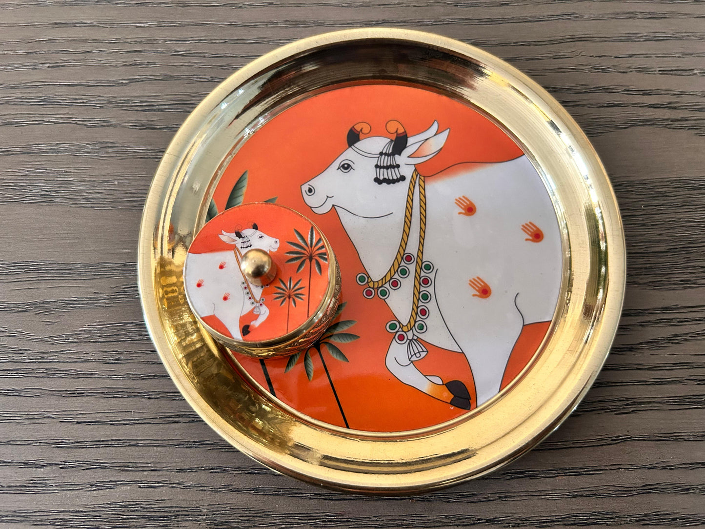 Brass Pichwai Pooja Plate & Kumkum Box Gift Set | Diwali | Housewarming | Indian Gifts