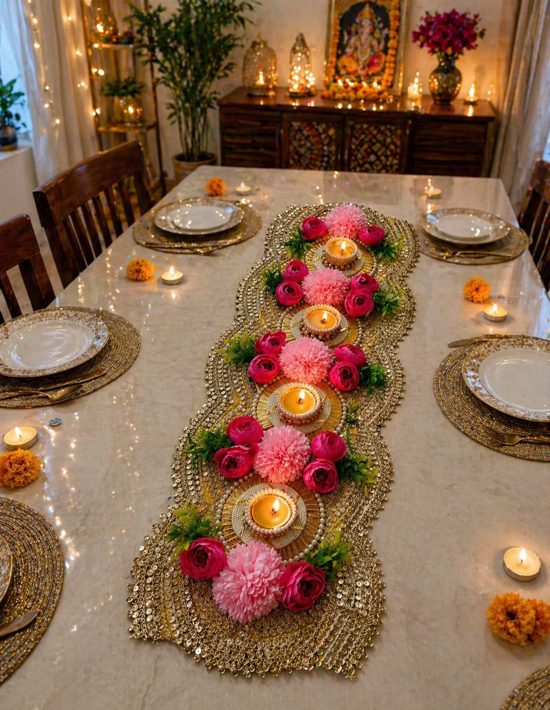 Gold Beaded Scalloped Table Runner – Handcrafted Festive Décor