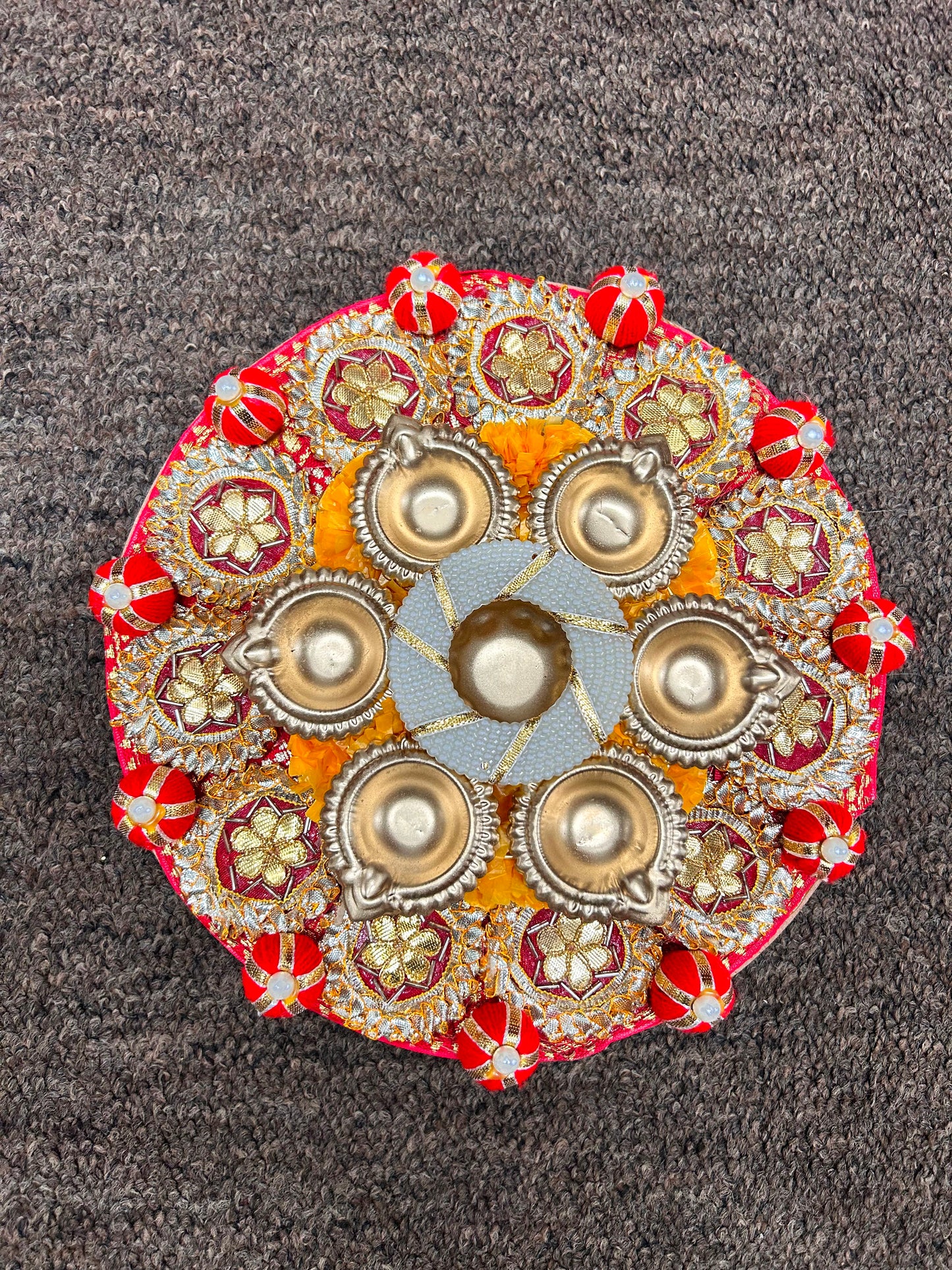 Embellished Velvet Pooja Thali with Diya Set – Handcrafted Festive Décor