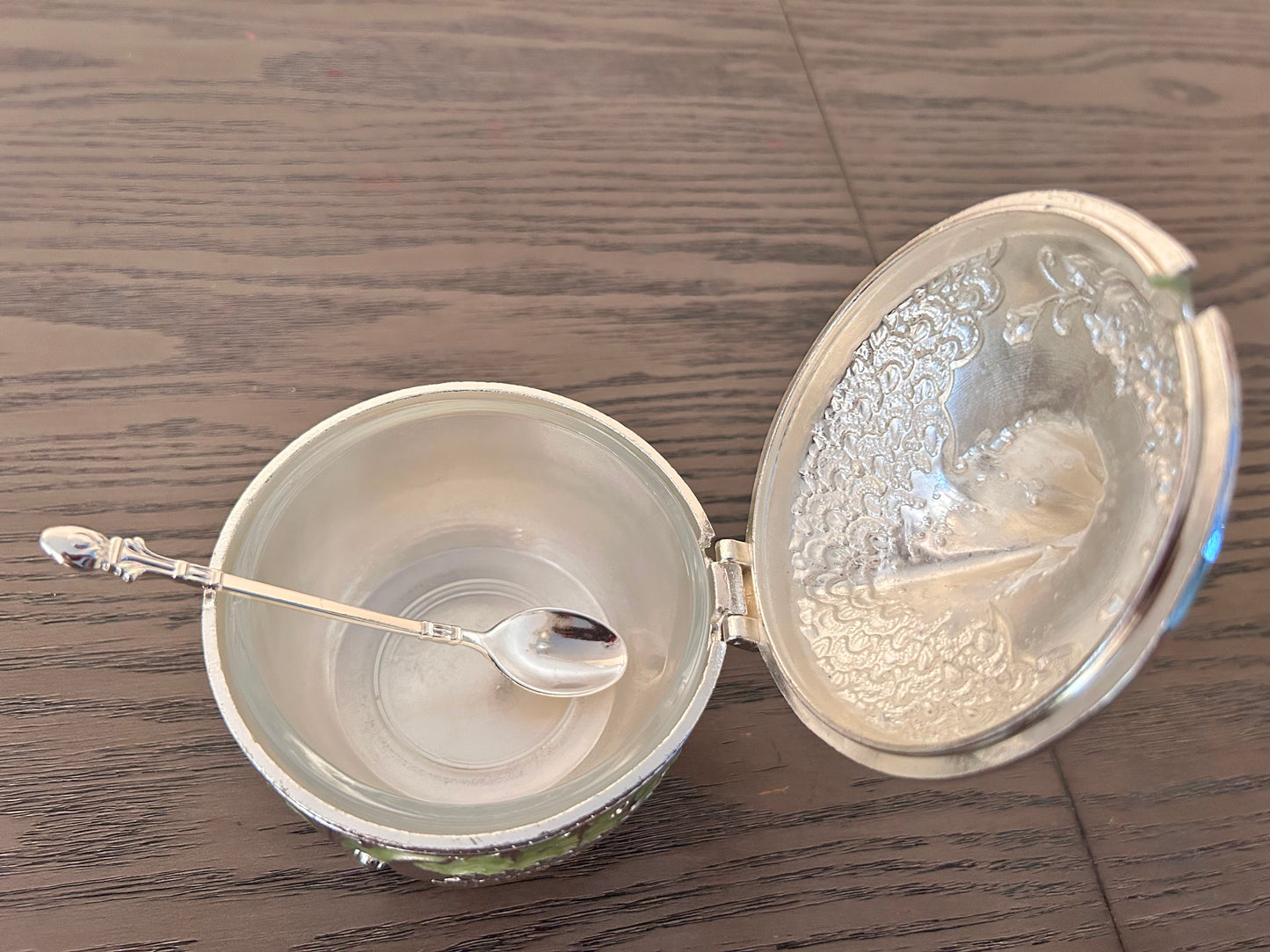 Green Peacock Enamel Sugar Bowl with Spoon