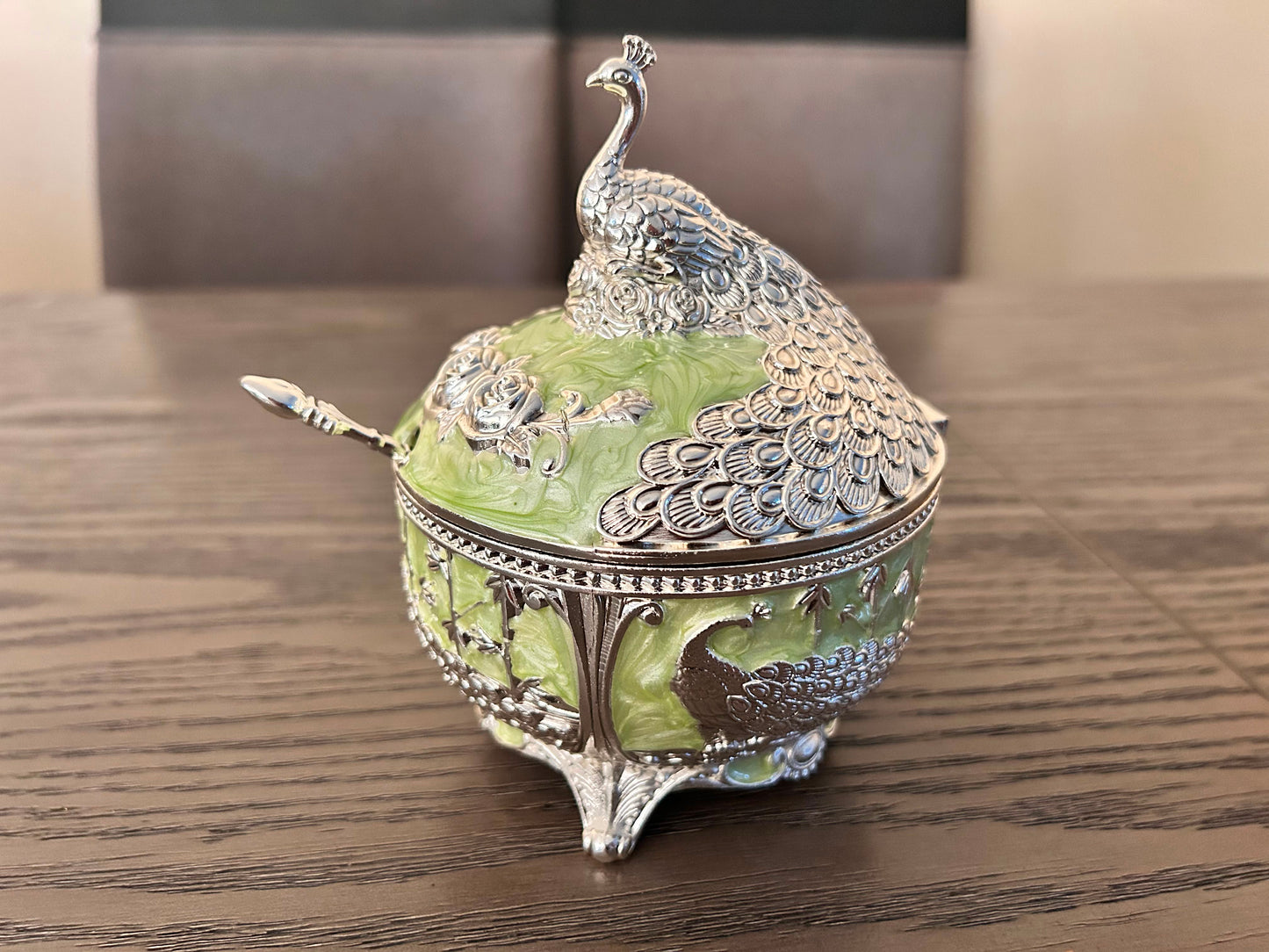 Green Peacock Enamel Sugar Bowl with Spoon