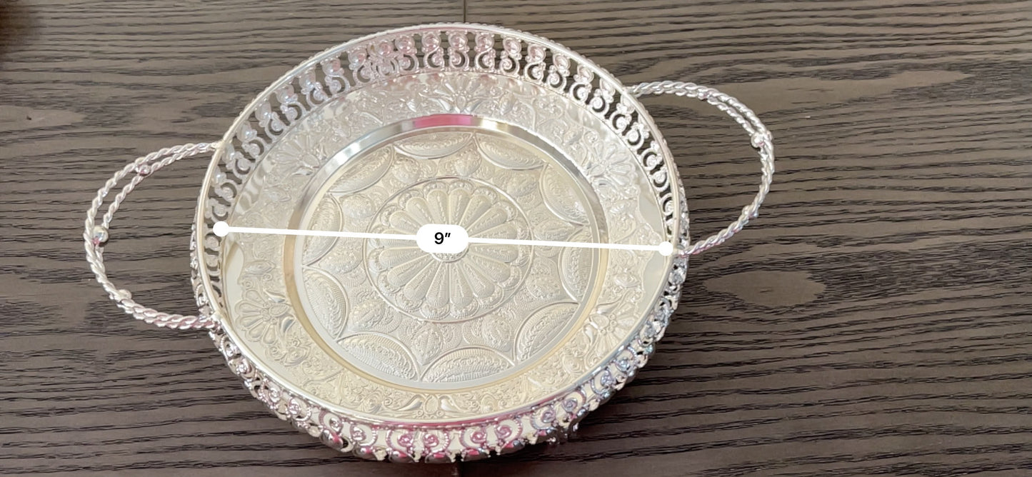 Silver-Toned Filigree Serving Tray with Handles – Handcrafted Festive Décor