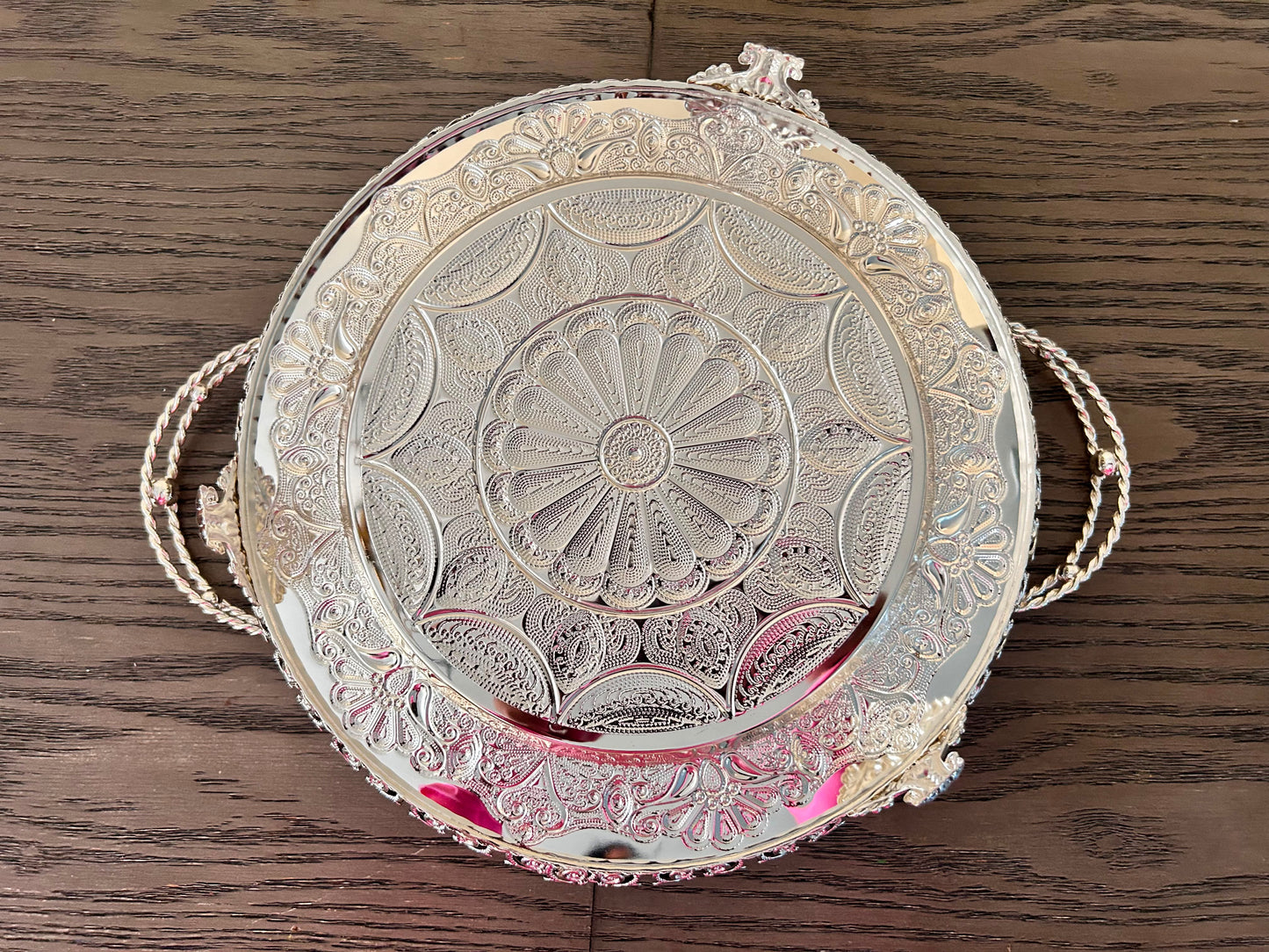 Silver-Toned Filigree Serving Tray with Handles – Handcrafted Festive Décor