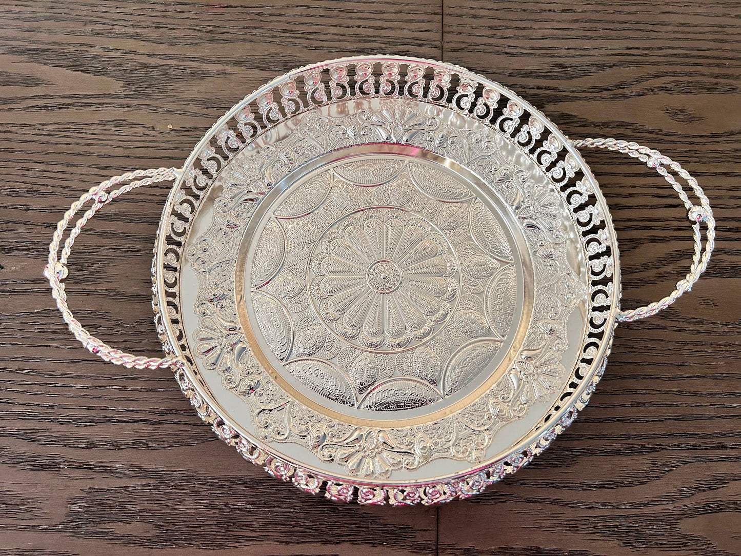 Silver-Toned Filigree Serving Tray with Handles – Handcrafted Festive Décor