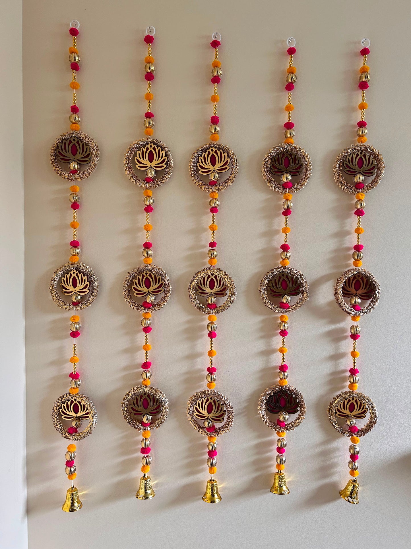 Triple Lotus Gota Ring Door Hanging with Bell – Handcrafted Festive Décor