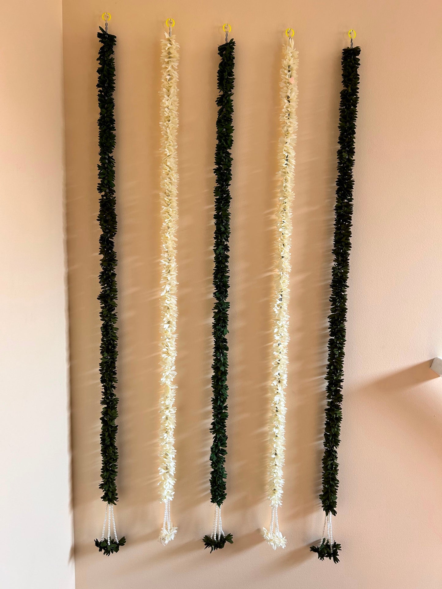 Green Leaf & White Jasmine Artificial Garland Strands – Set of 12