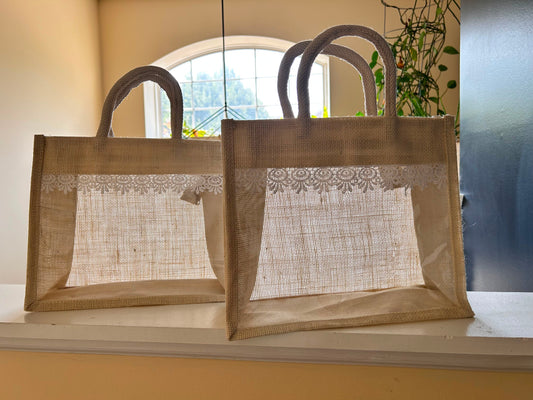 Jute Gift Bag with Lace Trim & Clear Window (12" x 10.5")