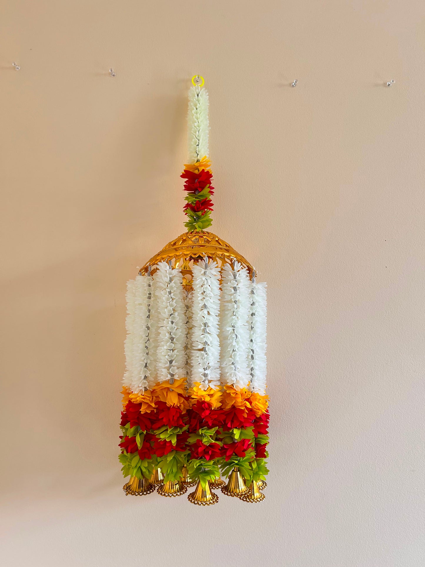 White Jasmine Floral Jhumar Hanging with Golden Dome – Handcrafted Festive Décor