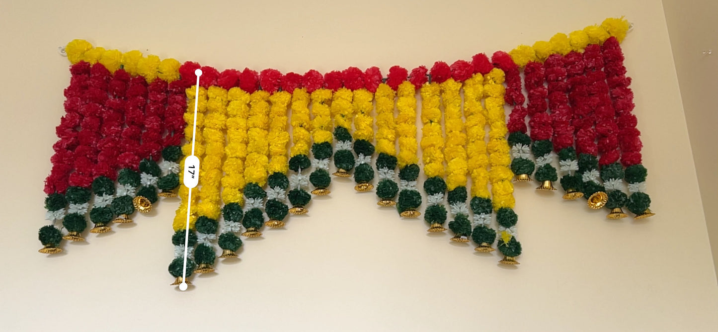 Yellow & Red Marigold Door Toran with Bells – Handcrafted Festive Décor