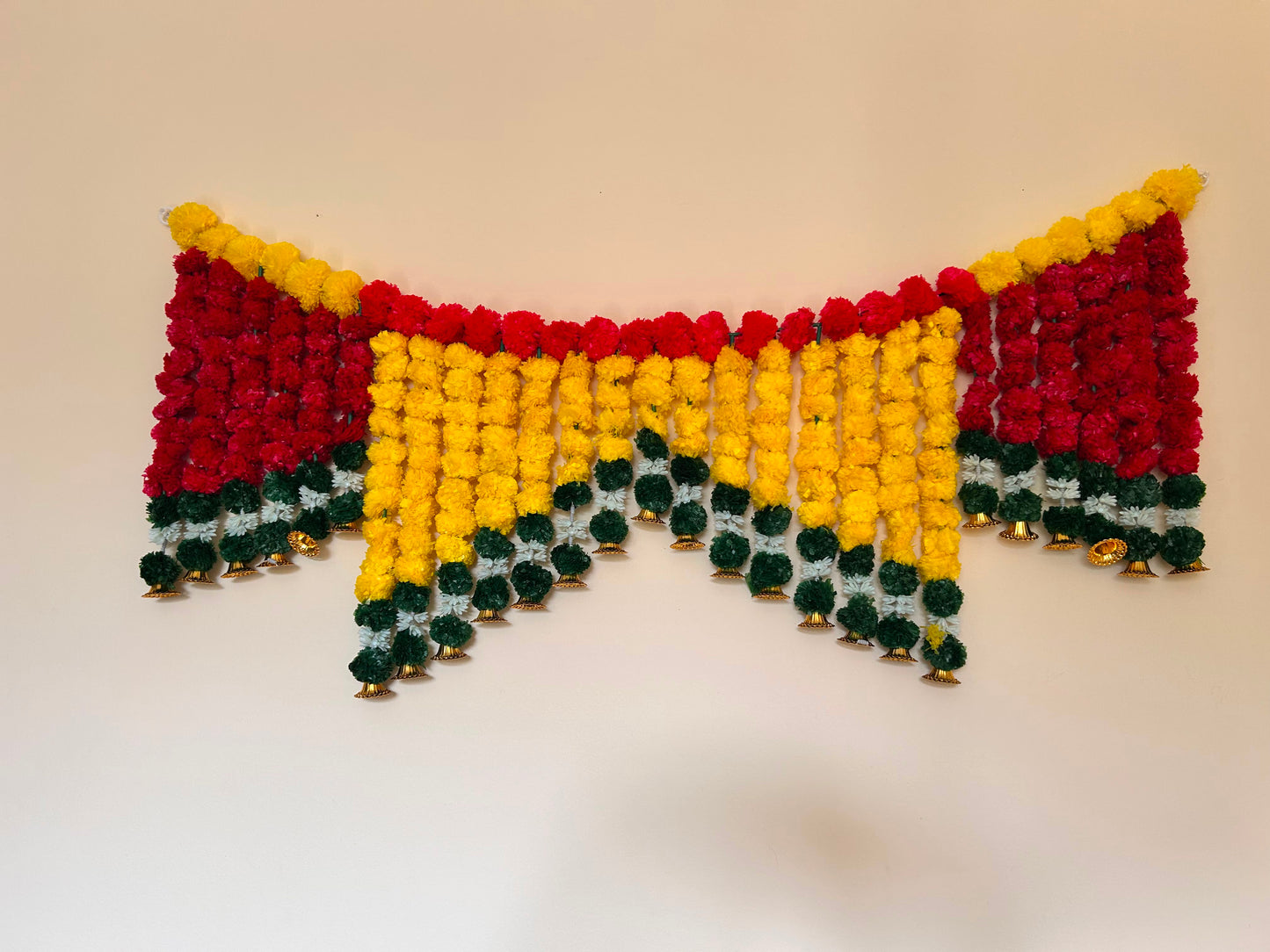 Yellow & Red Marigold Door Toran with Bells – Handcrafted Festive Décor