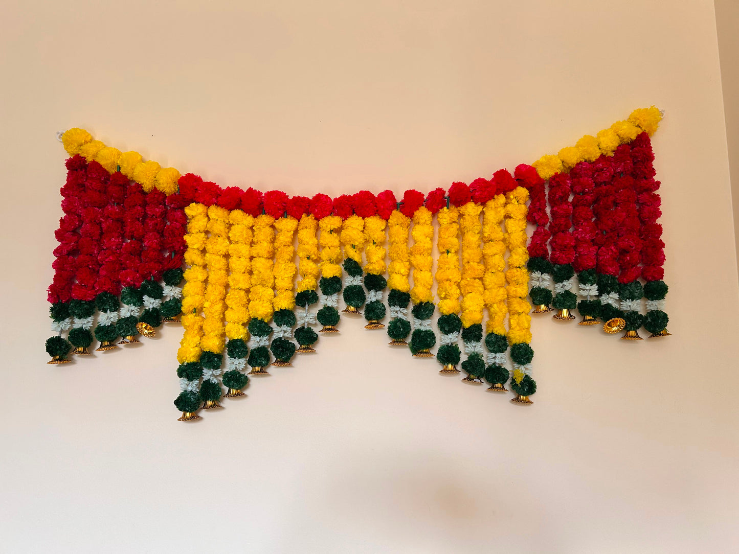 Yellow & Red Marigold Door Toran with Bells – Handcrafted Festive Décor