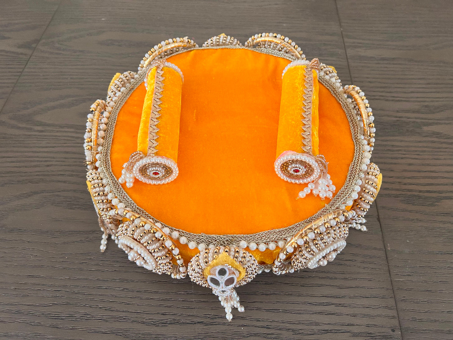 Marigold Velvet Pearl & Mirror Beaded Chowki – Handcrafted Festive Décor