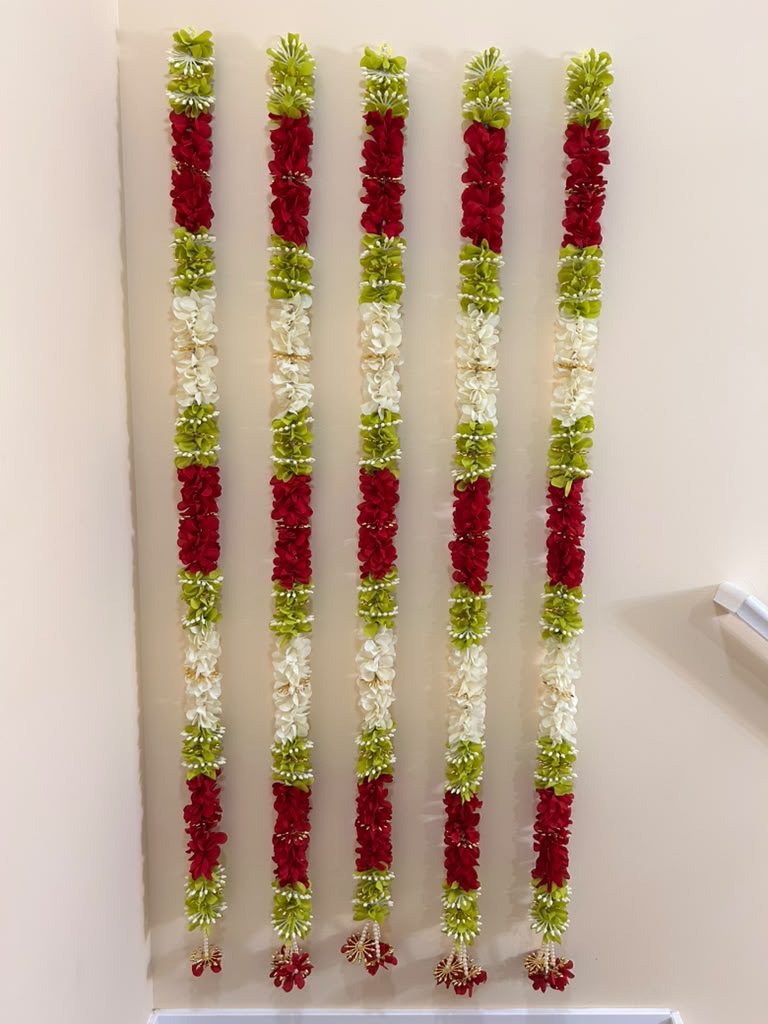 Red, White & Green Artificial Flower Garland with Bead Accents
