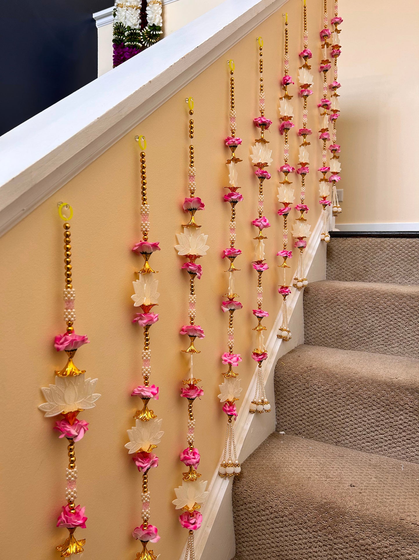 Pink Rose & White Lotus Beaded Hanging – Handcrafted Festive Décor