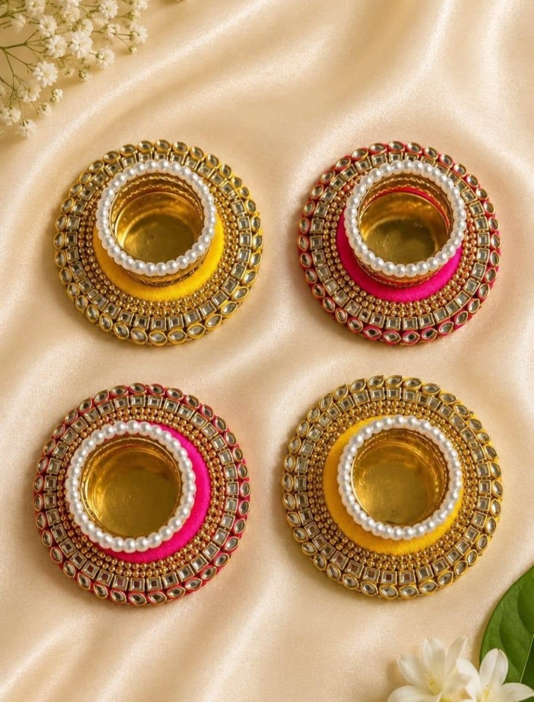 Kundan Pearl & Thread Work Tealight Holder – Assorted Colours (Pack of 4)