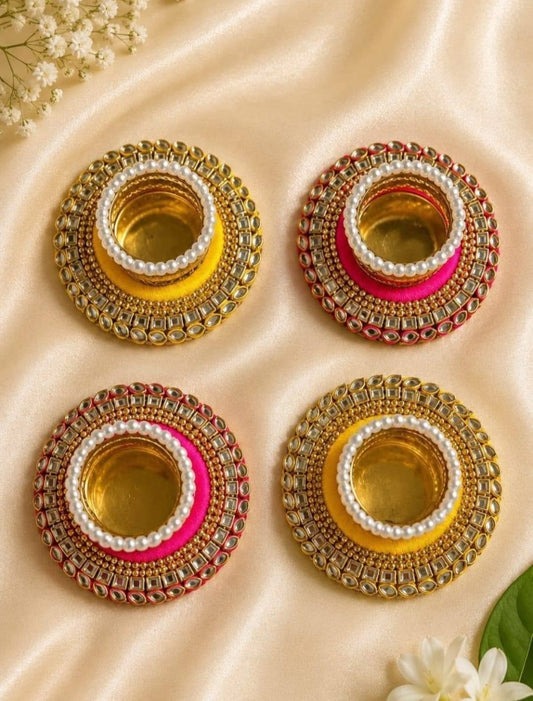 Kundan Pearl & Thread Work Tealight Holder – Assorted Colours (Pack of 4)
