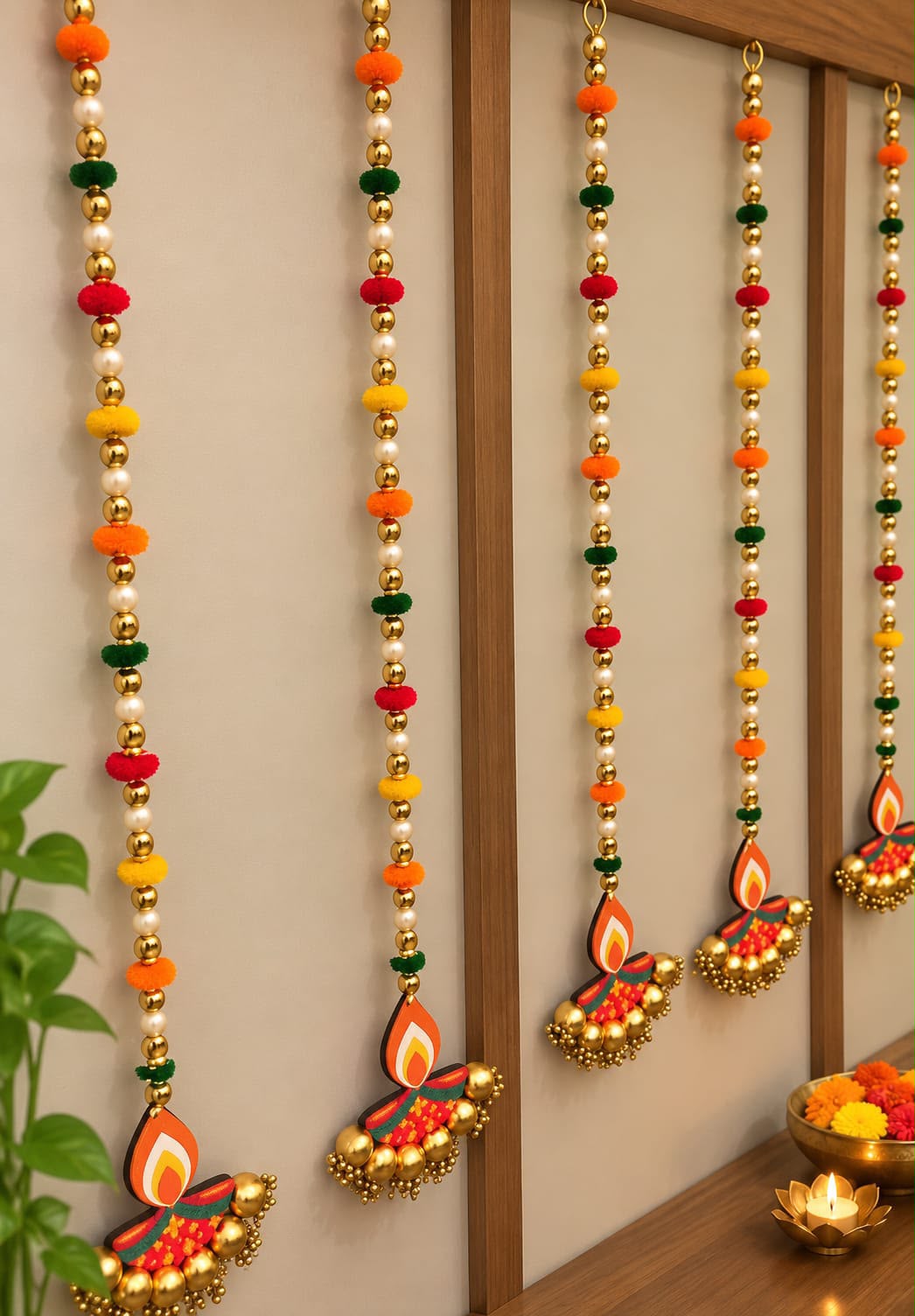 Diya Latkan Hanging with Pom-Poms & Pearl Beads (Pack of 6)
