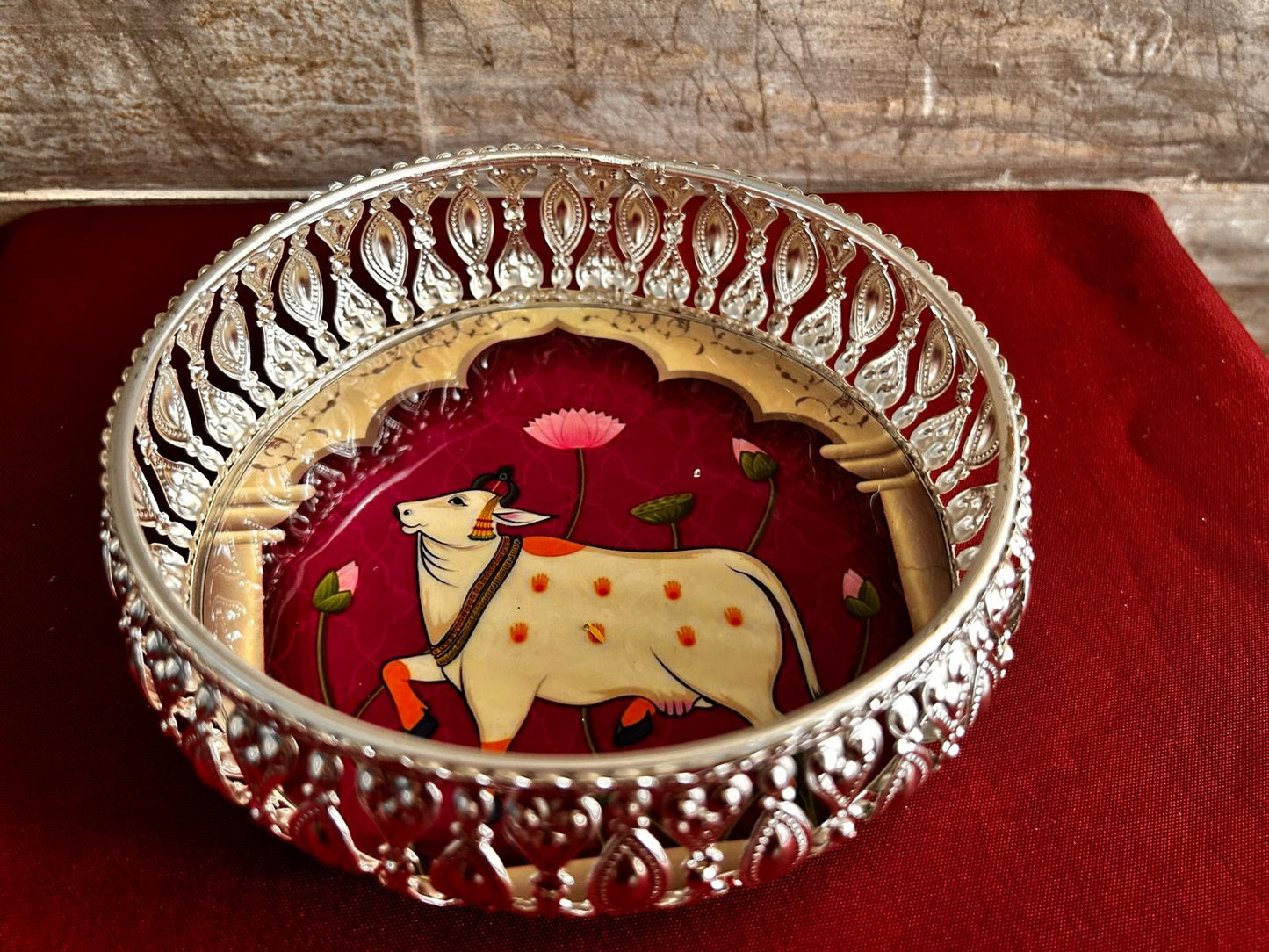 Pichwai German Silver Decorative Tray - 8"