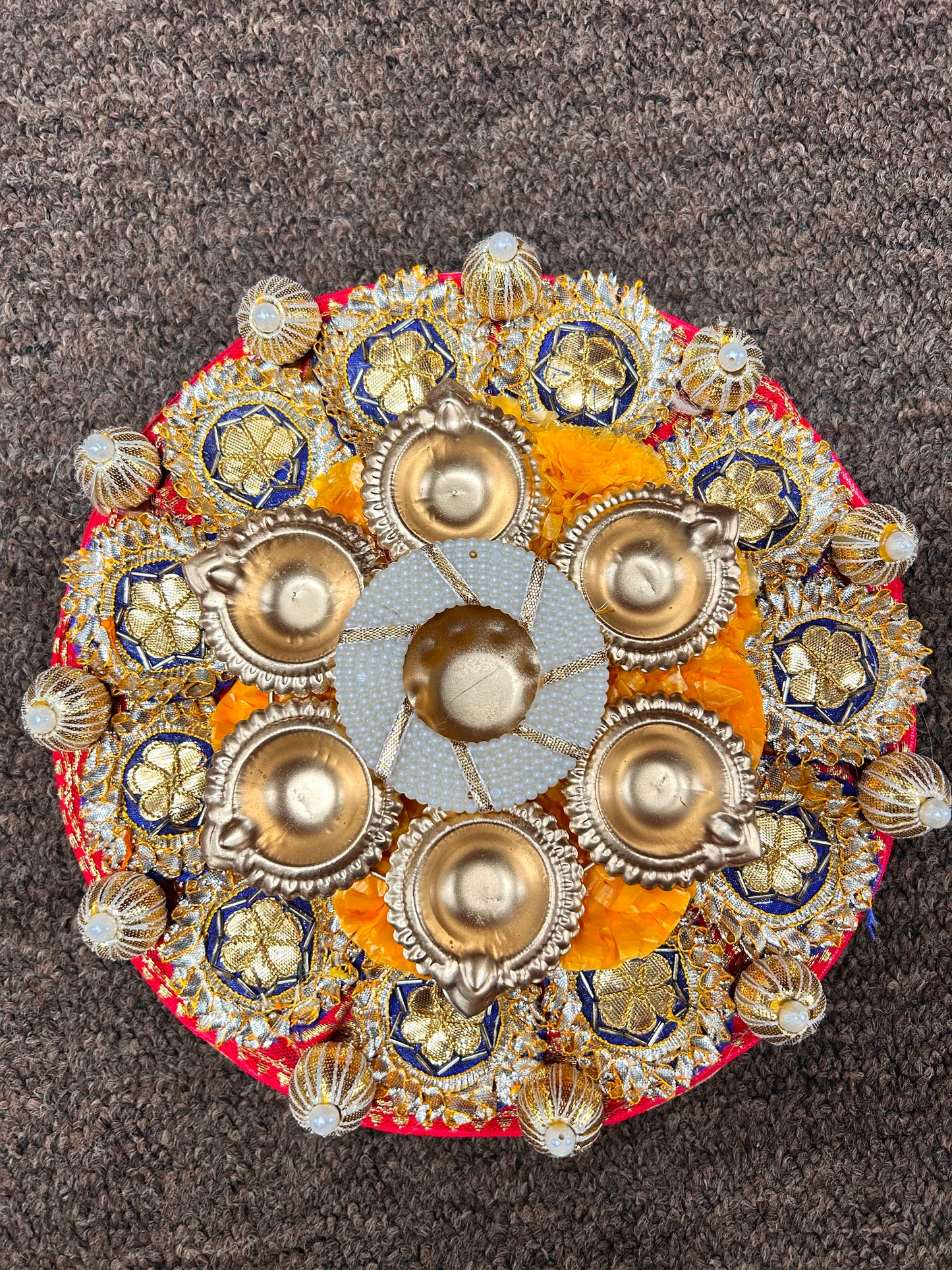 Embellished Velvet Pooja Thali with Diya Set – Handcrafted Festive Décor