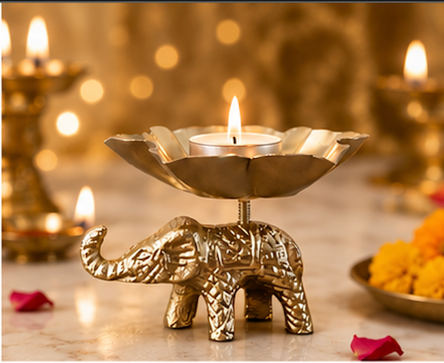 Brass Elephant Lotus Tea-Light Holder - side view