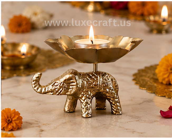 Brass Elephant Lotus Tea-Light Holder - angled view