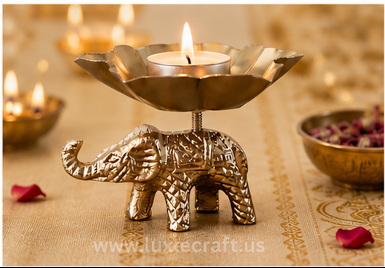 Brass Elephant Lotus Tea-Light Holder - lotus bowl detail