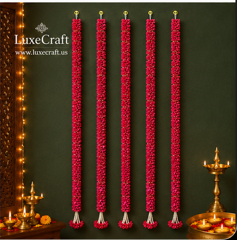 Dark Pink Artificial Flower Garland Set - pearl tassel detail