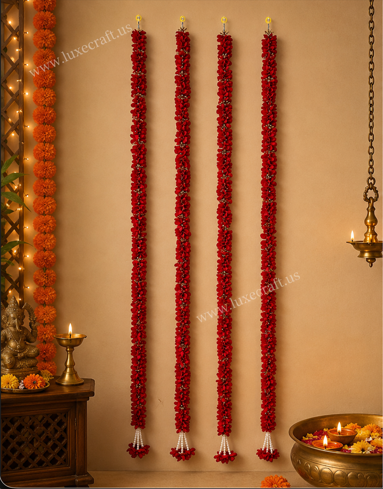 Dark Red Artificial Flower Garland Set - four garlands hung in festive decor
