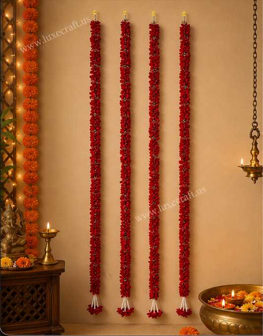 Dark Red Artificial Flower Garland Set - four garlands hung in festive decor