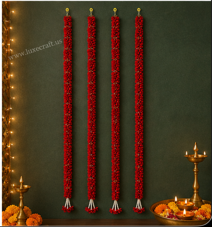 Dark Red Artificial Flower Garland Set - pearl tassel detail