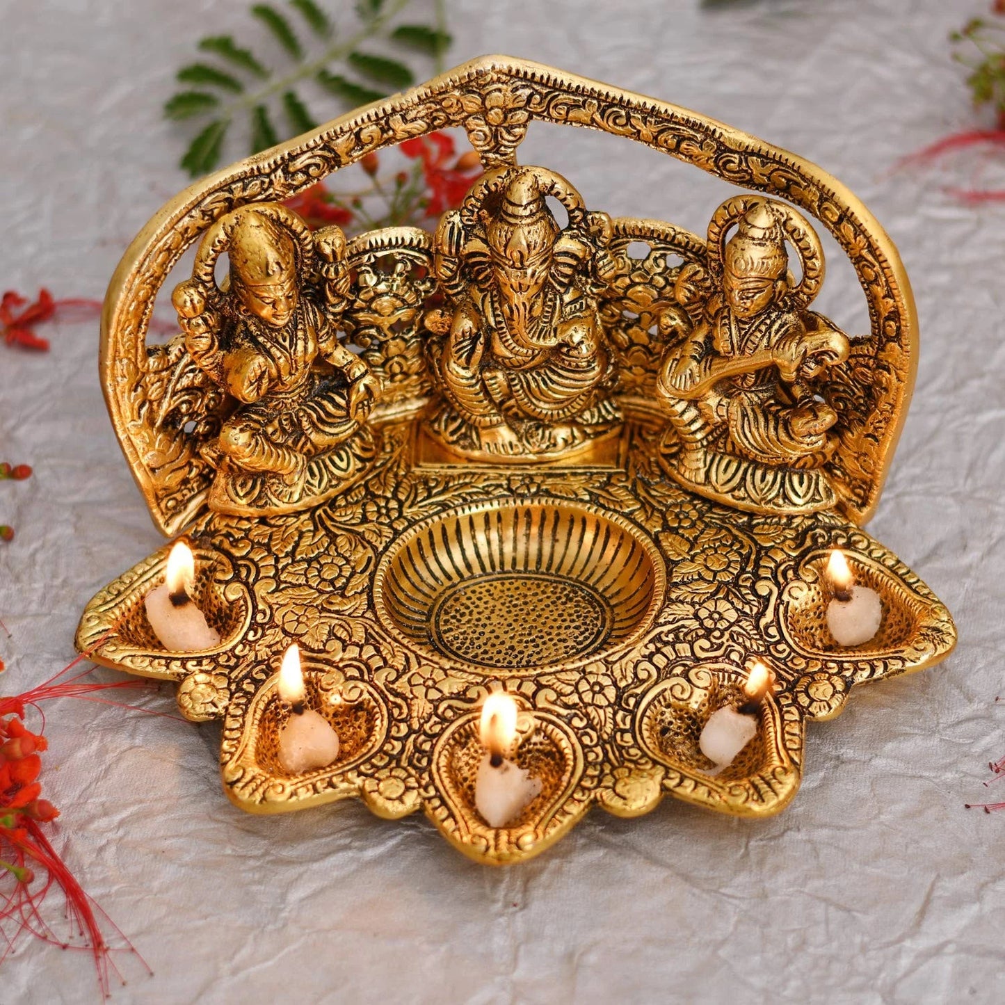 Divine Brass Diya – Lakshmi, Ganesha & Saraswati