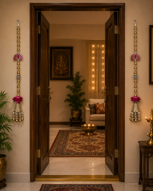 Gold Bead Lotus Door Hanging Pair with Jhumar Tassel - framing a doorway