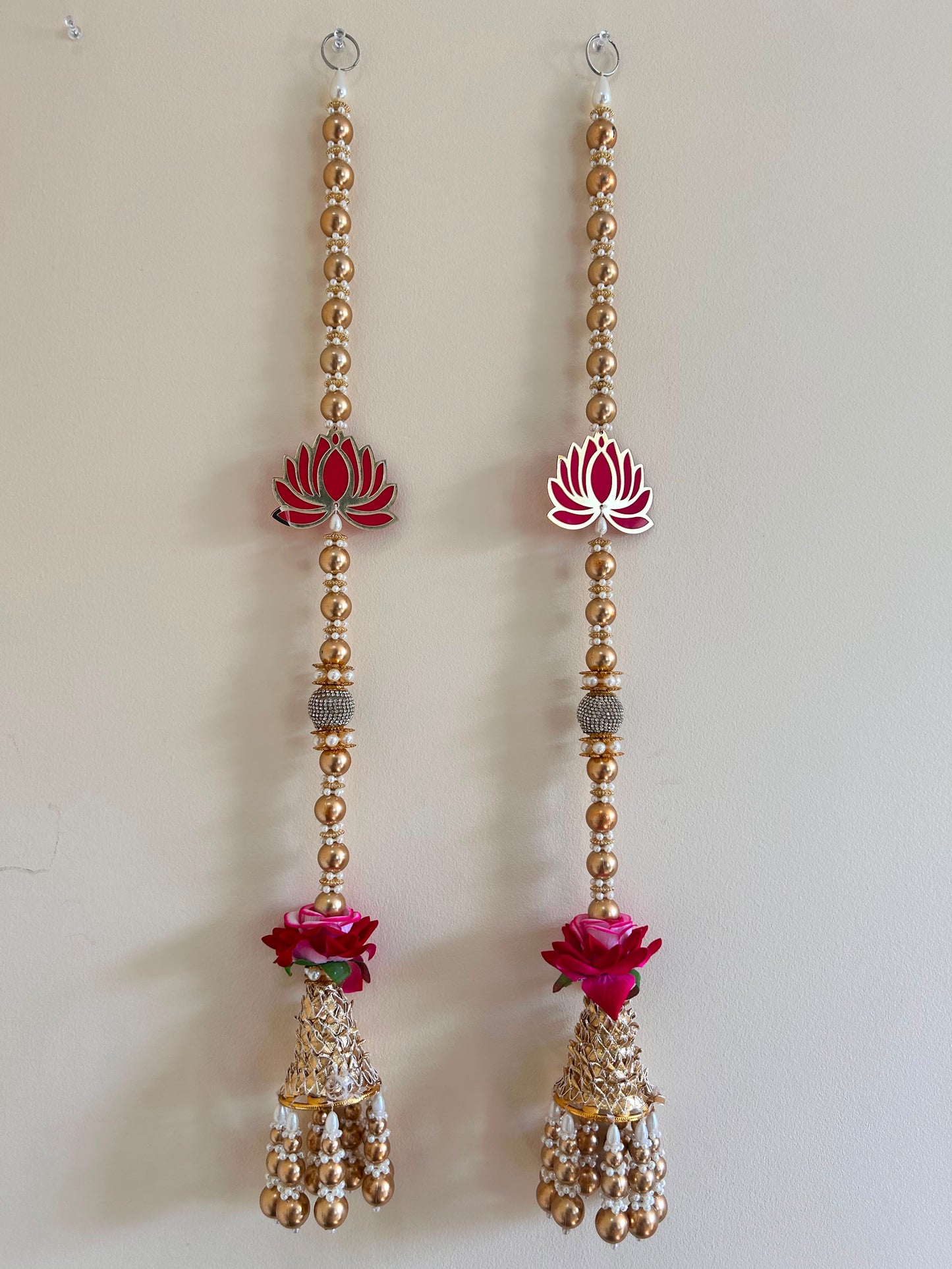 Gold Bead Lotus Door Hanging Pair with Jhumar Tassel - actual product photo