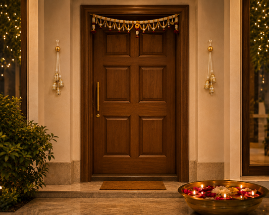 Golden Crystal Jhumar Door Hanging Pair - flanking a doorway