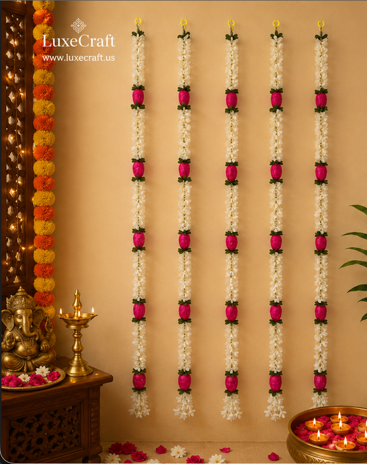 White Jasmine & Pink Lotus Artificial Garland Set - garlands hung in festive decor