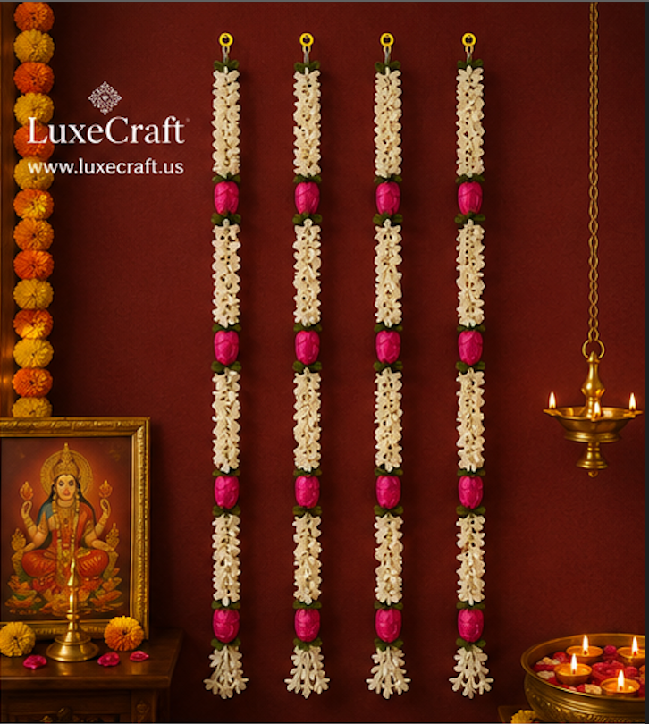 White Jasmine & Pink Lotus Artificial Garland Set - styled view