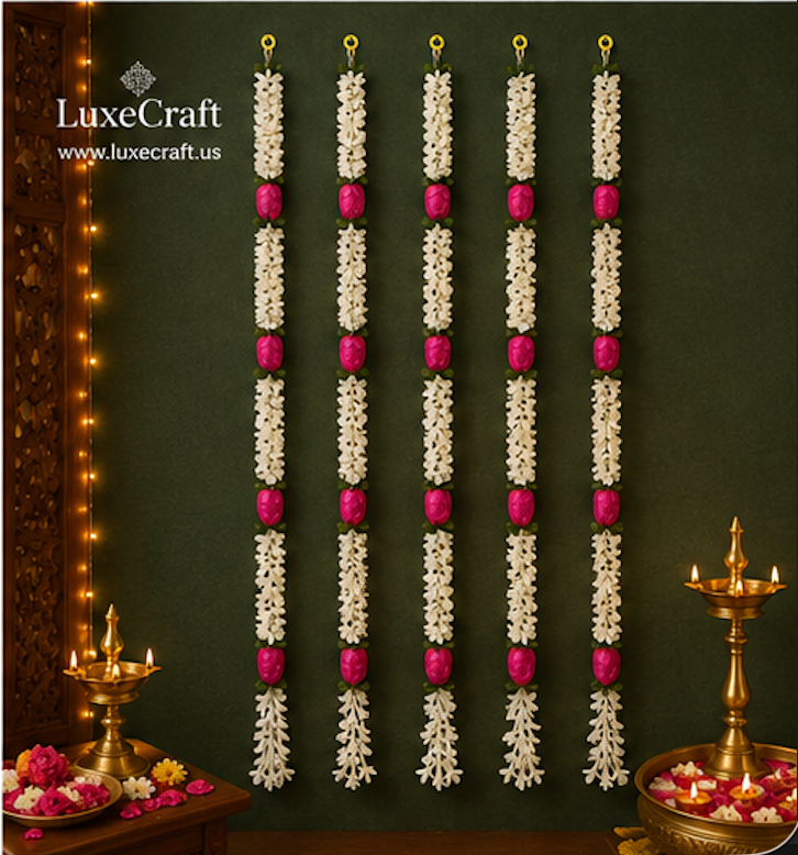 White Jasmine & Pink Lotus Artificial Garland Set - jasmine and lotus detail