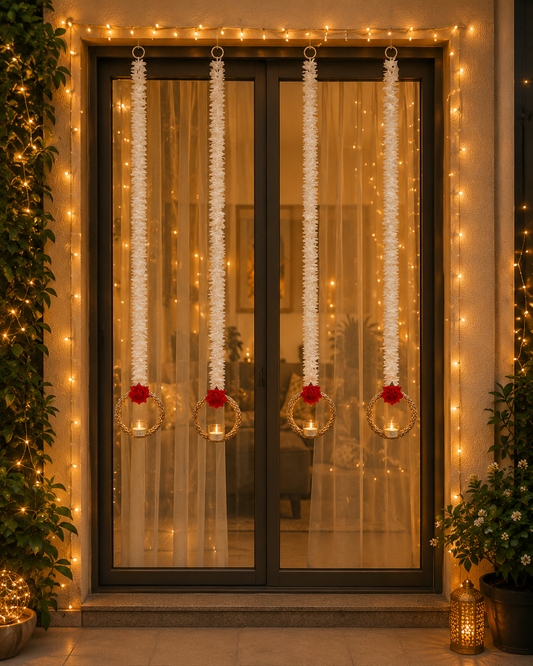 White Jasmine Garland Tea-Light Ring Hanging Set - framing a window with lit votives