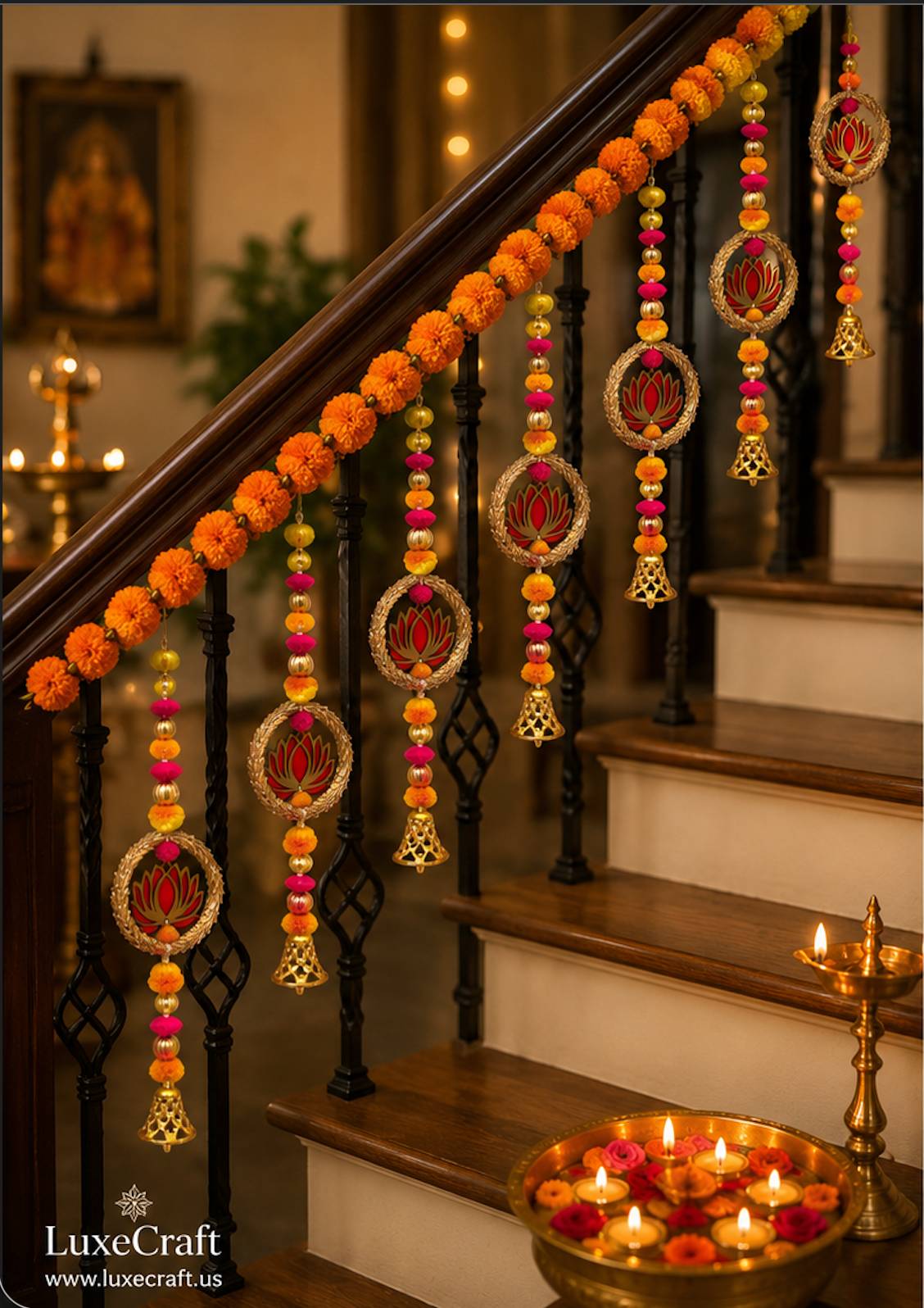 Lotus Ring & Golden Bell Hanging Set - hung on staircase railing
