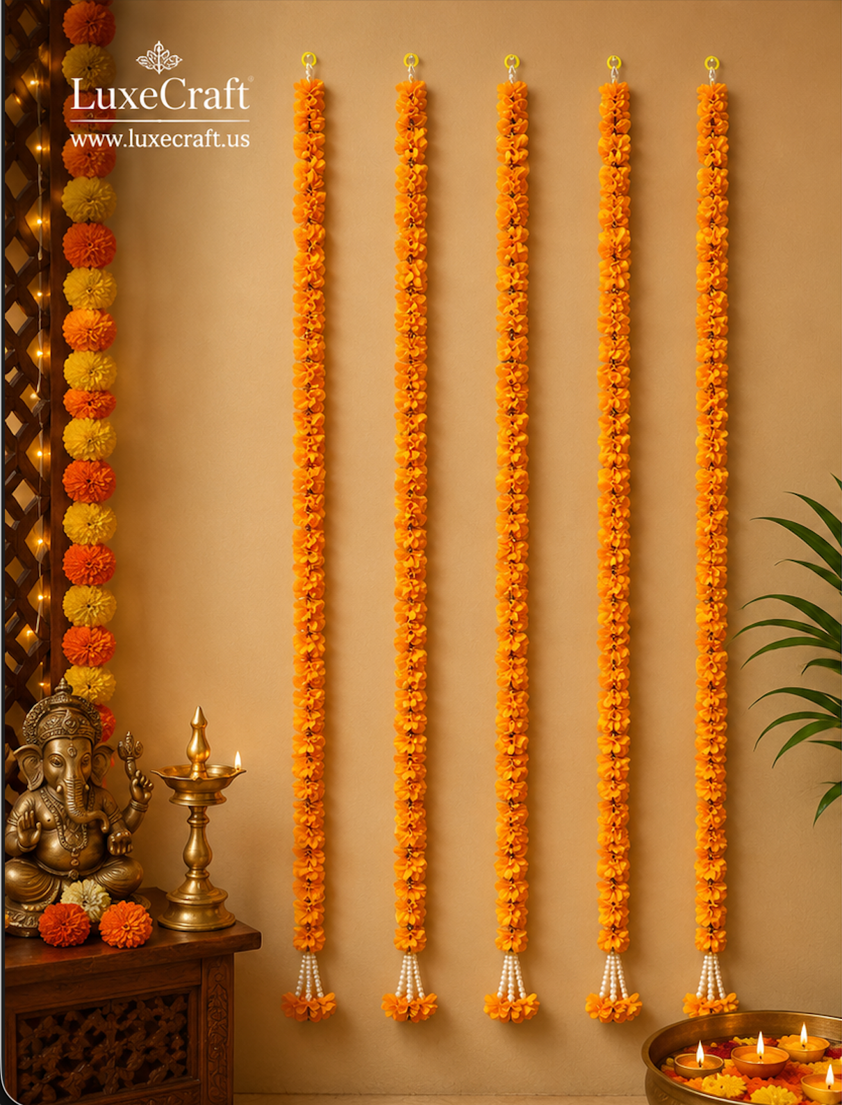 Orange Marigold Artificial Flower Garland Set - garlands hung in festive decor