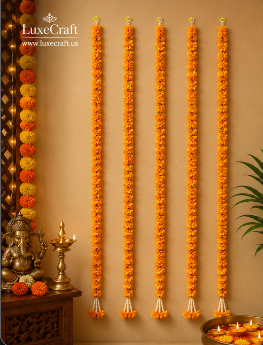 Orange Marigold Artificial Flower Garland Set - garlands hung in festive decor
